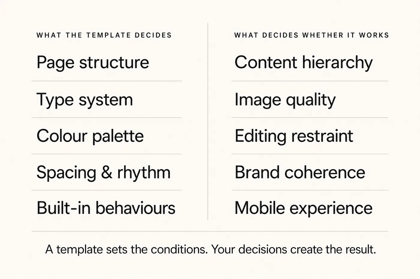 Two-column comparison of what a Squarespace template decides versus what decides whether the website works