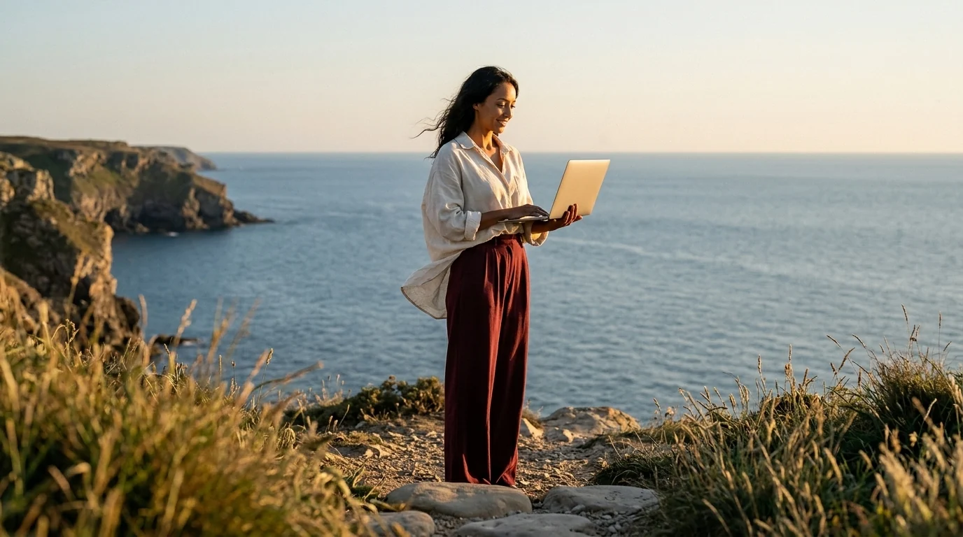 Business owner reviewing Google Ads plans on a tablet overlooking the coast