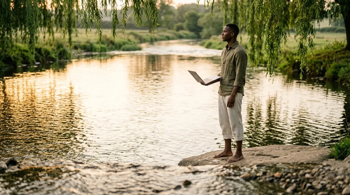 Business owner reflecting on SEO foundations beside a calm lake before running Google Ads