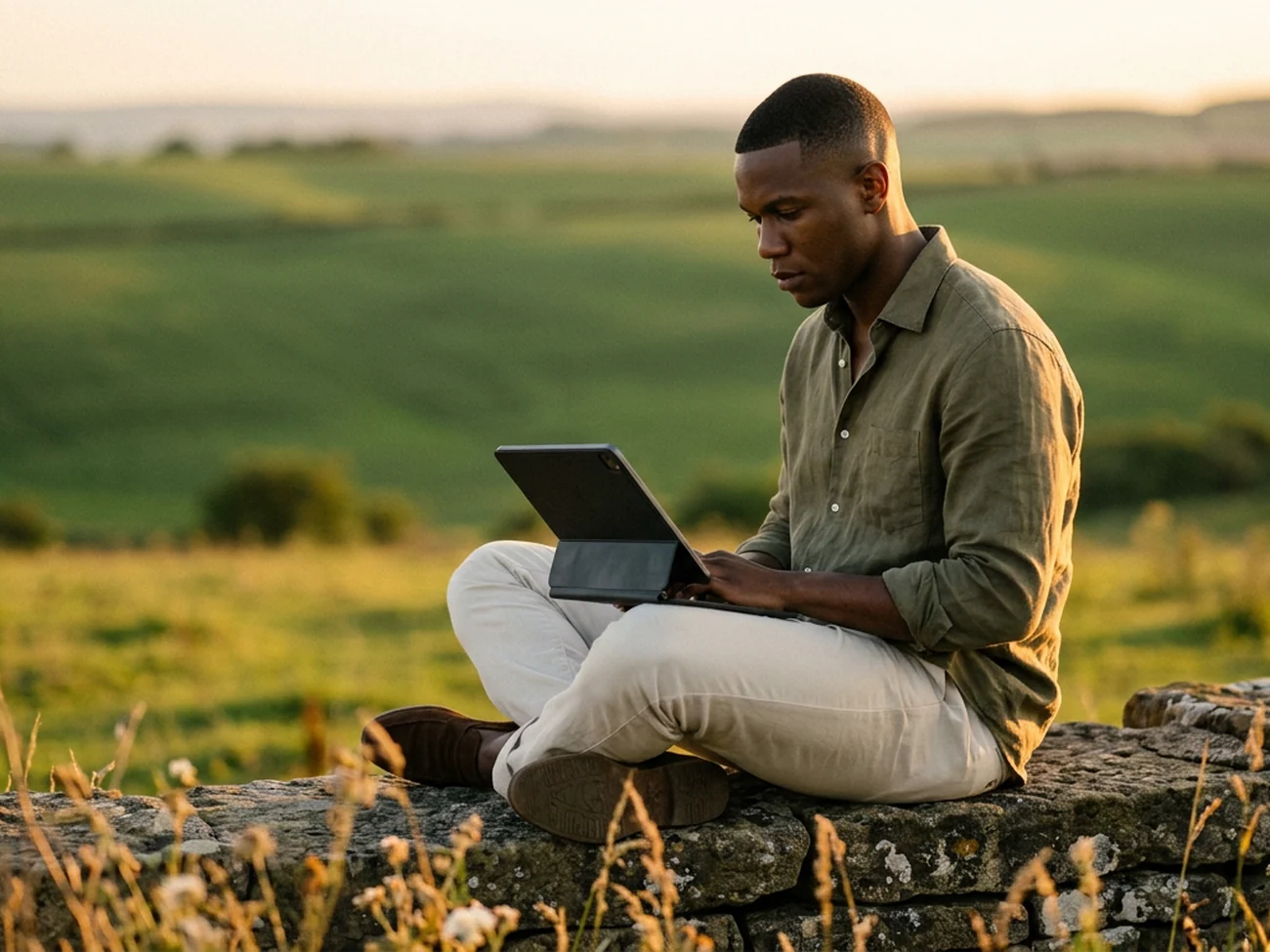 Consultant reviewing Squarespace SEO on a laptop outdoors