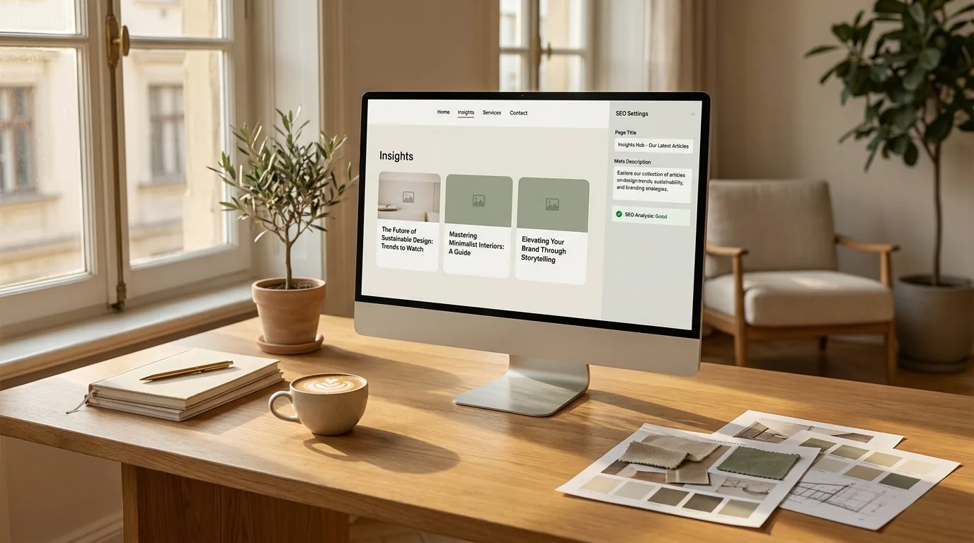 A Squarespace content site with SEO settings shown on a monitor in a sunlit studio