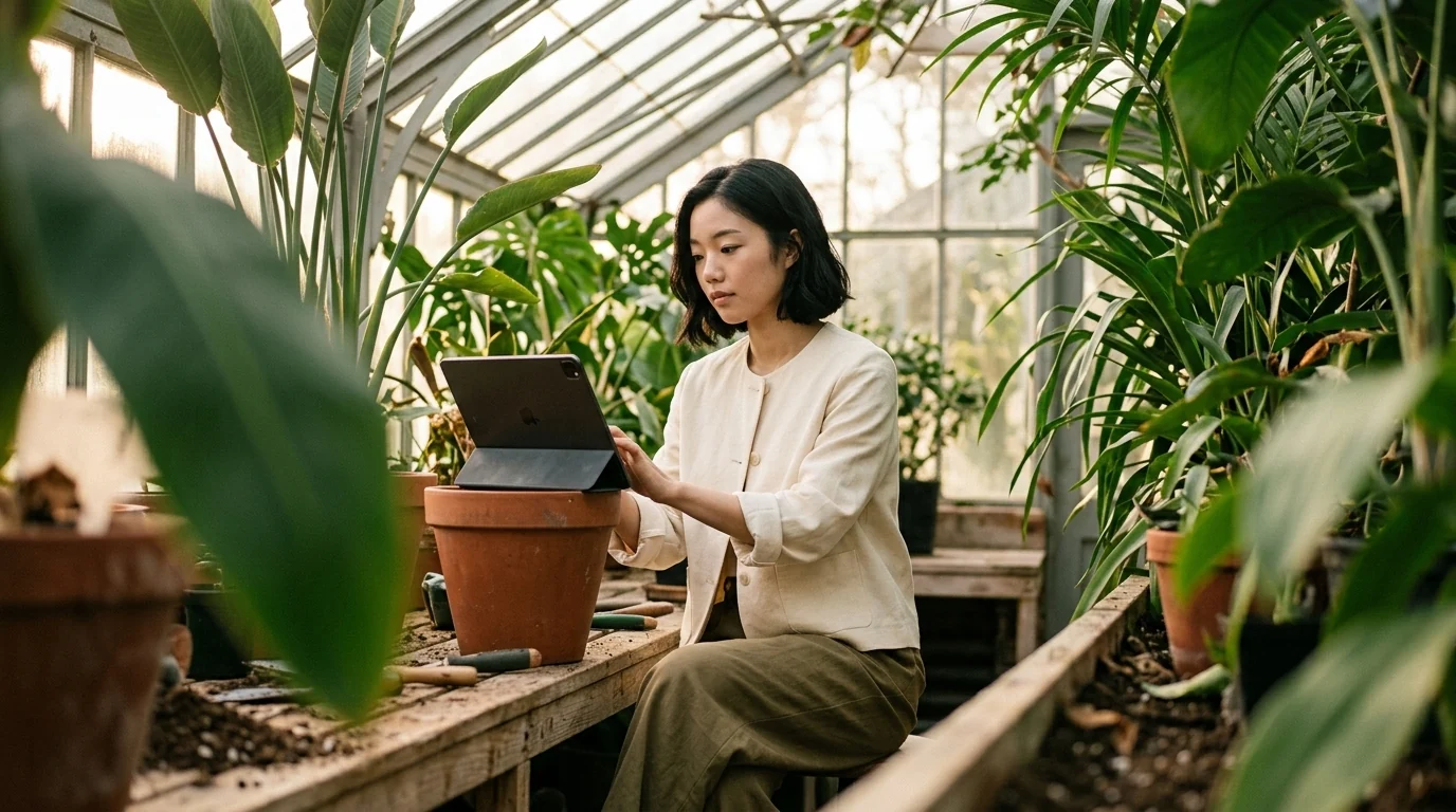 Business owner reviewing her Squarespace SEO on a laptop in a bright, plant-filled studio