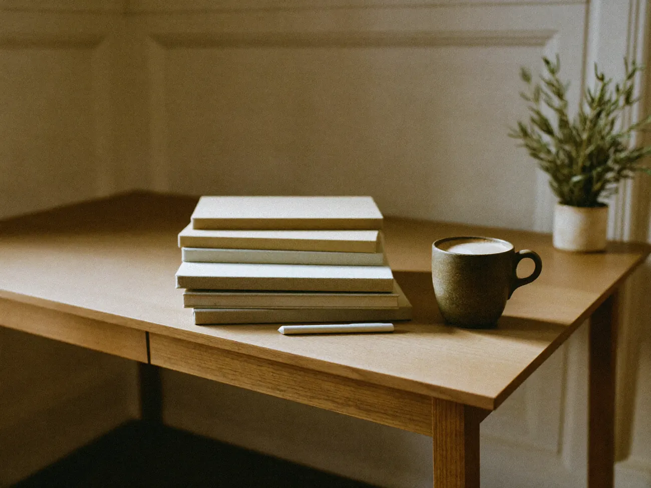 Linen notebooks and a pen on an oak desk for planning Squarespace SEO content