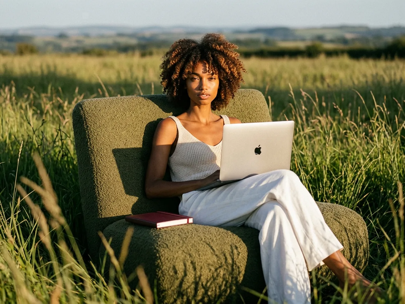 Founder working through an SEO checklist on a laptop in a sunlit field