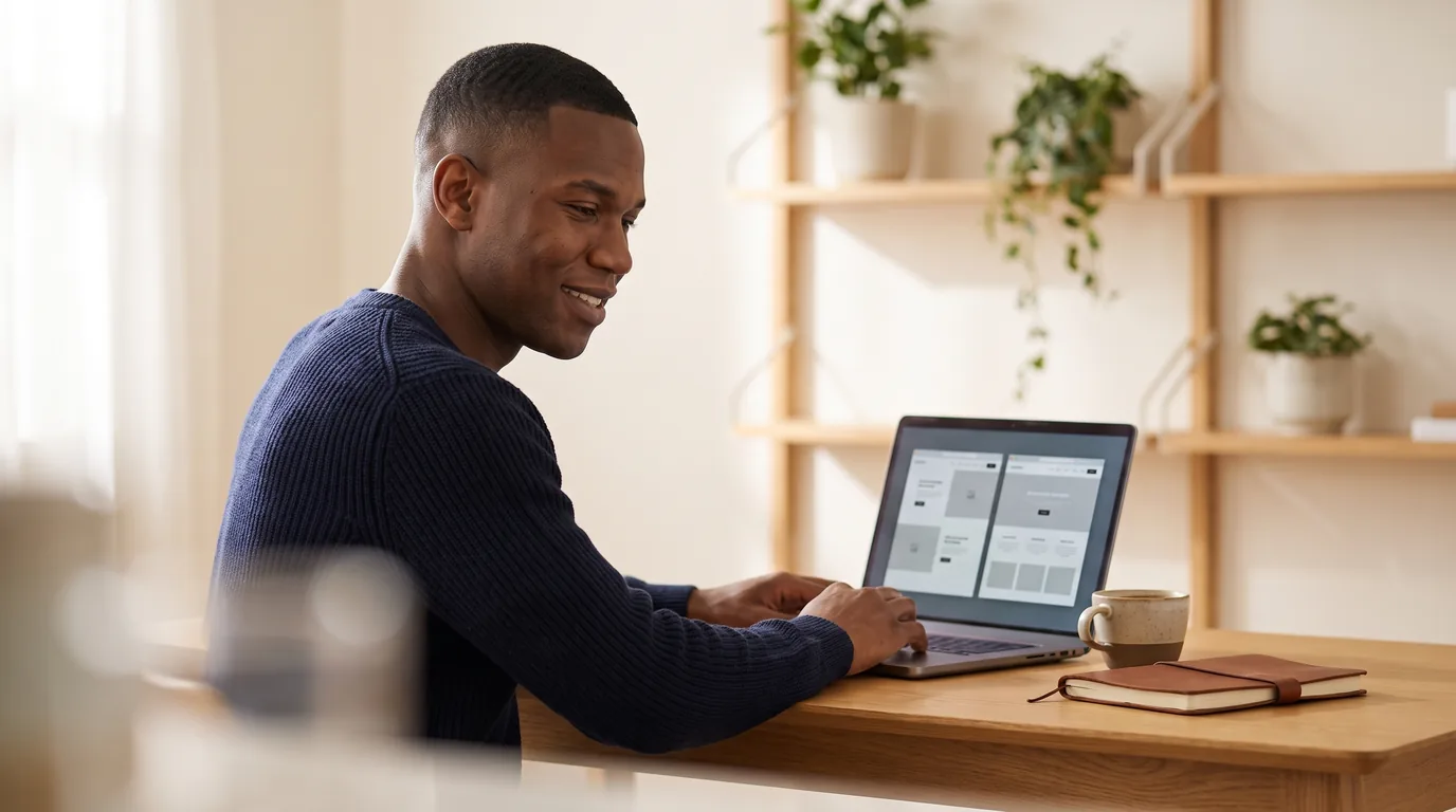 A service-business owner weighing up Squarespace and Webflow on a laptop in a bright, plant-filled studio