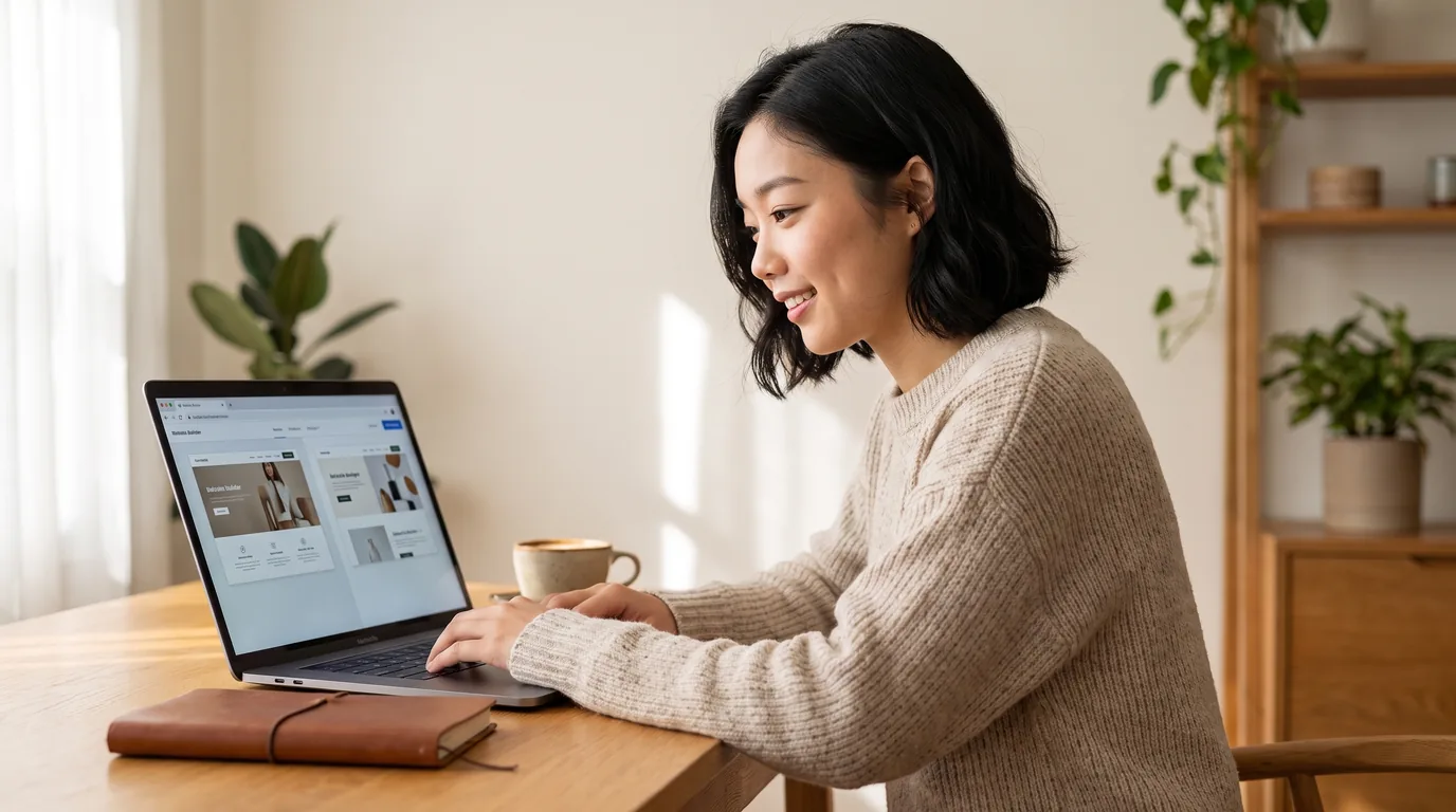 A service-business owner weighing up Squarespace and Wix on a laptop in a bright, plant-filled studio
