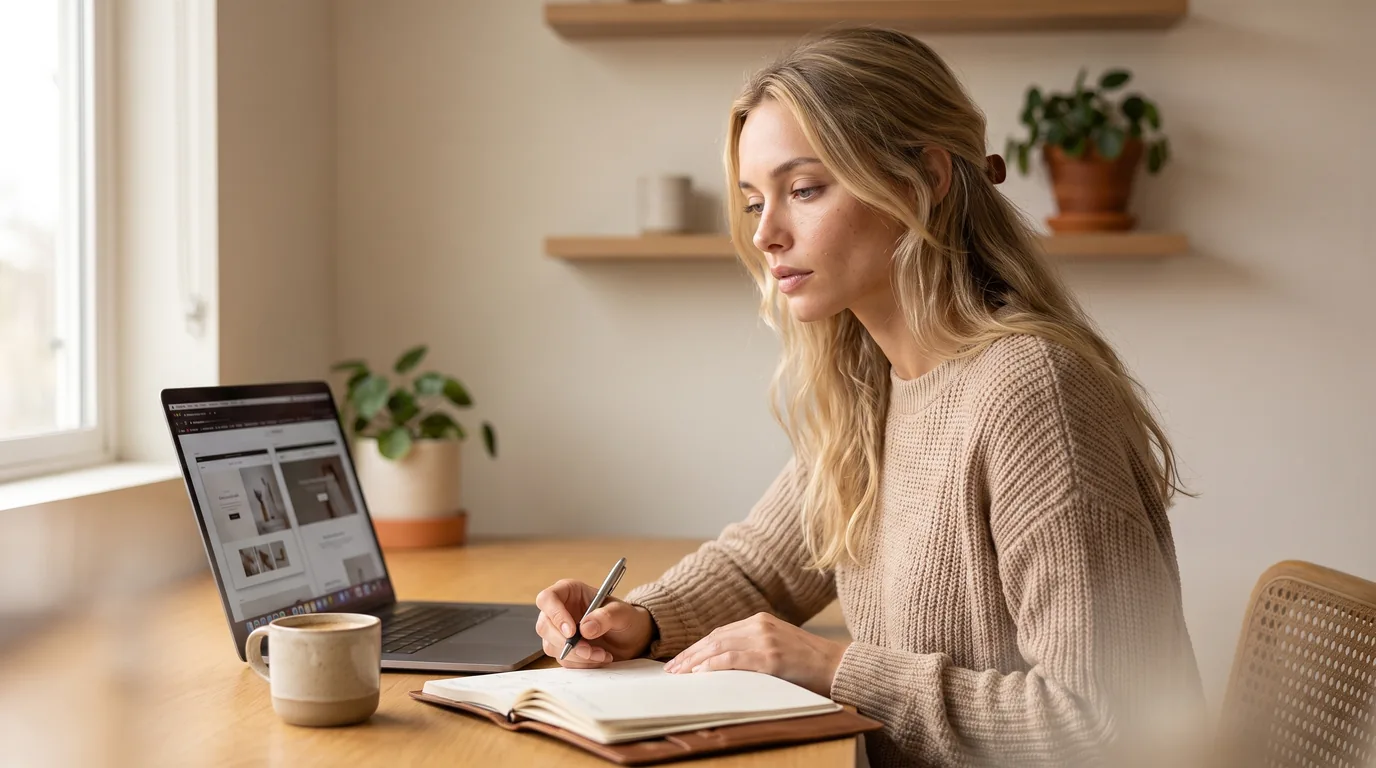 A service-business owner weighing up Squarespace and WordPress on a laptop in a bright, plant-filled studio