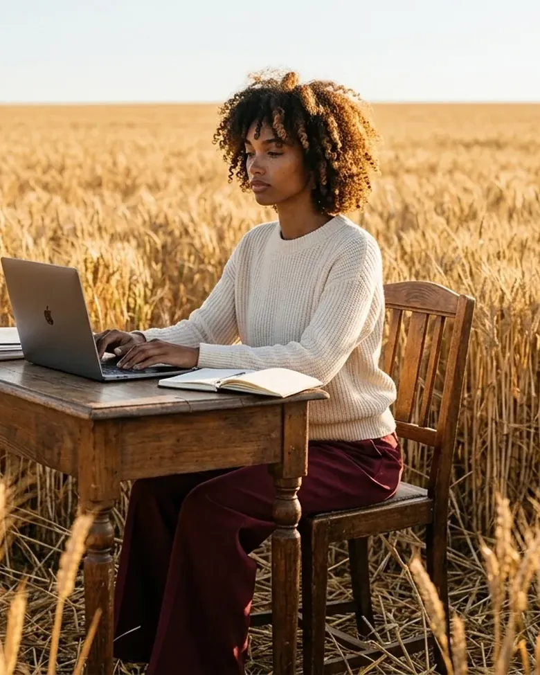 Business owner working out website costs on a laptop at a wooden table in a wheat field at golden hour