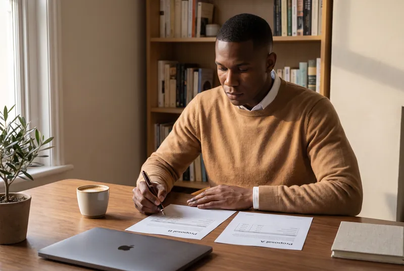 A business owner comparing two printed website design proposals side by side at a walnut desk