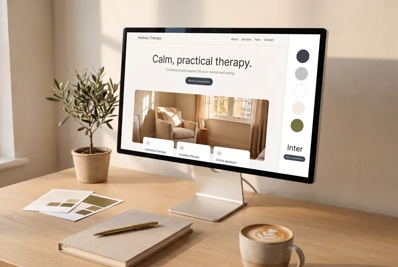 A finished Squarespace website for a therapy practice on a studio display, with its colour palette and typeface alongside, on an oak desk with a notebook and coffee