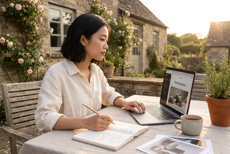 A small business owner building her own Squarespace site on a laptop at a garden table in evening sun, making notes in a notebook