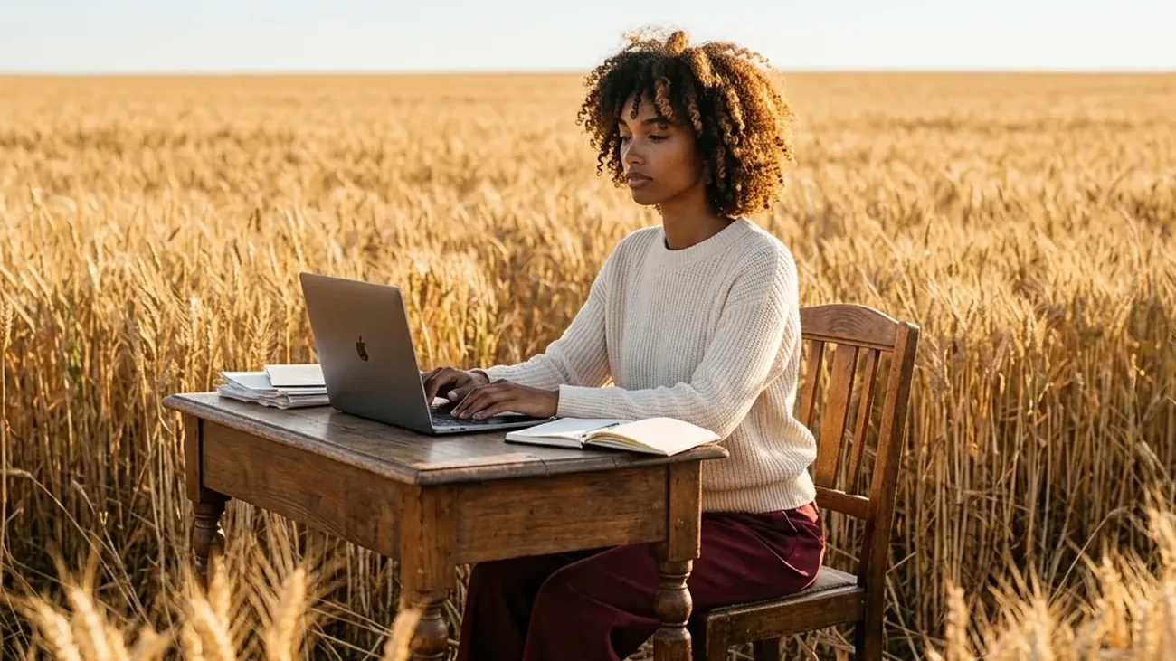 A business owner working out website costs on a laptop at a wooden table in a wheat field at golden hour