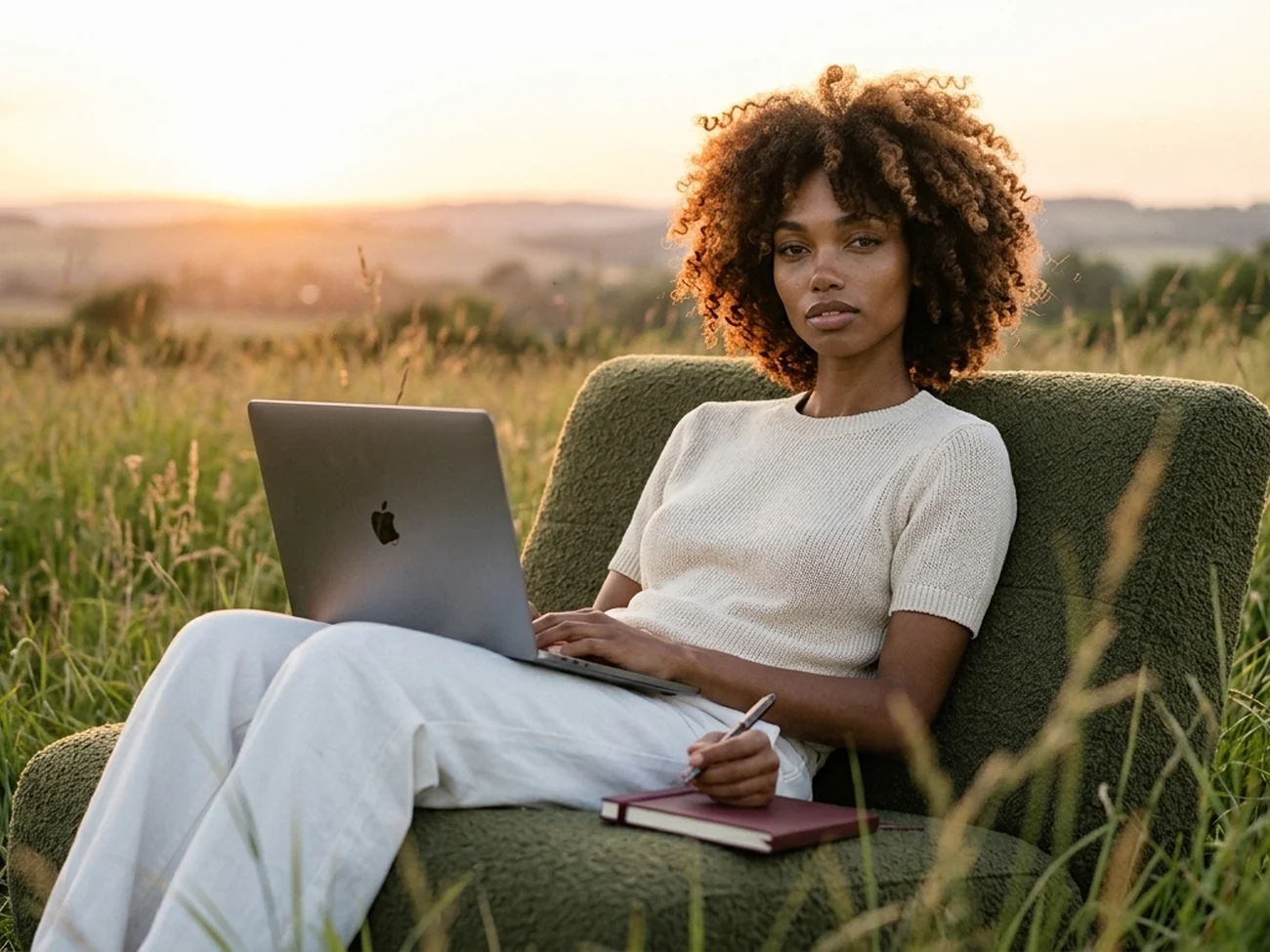 Founder comparing a full redesign with a quick fix on a laptop at golden hour