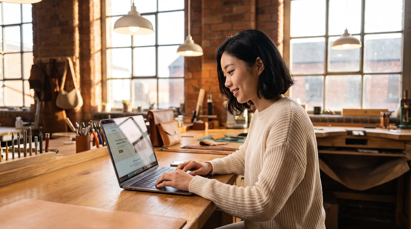 A Birmingham business owner working on her Squarespace website in a warm, characterful Birmingham studio