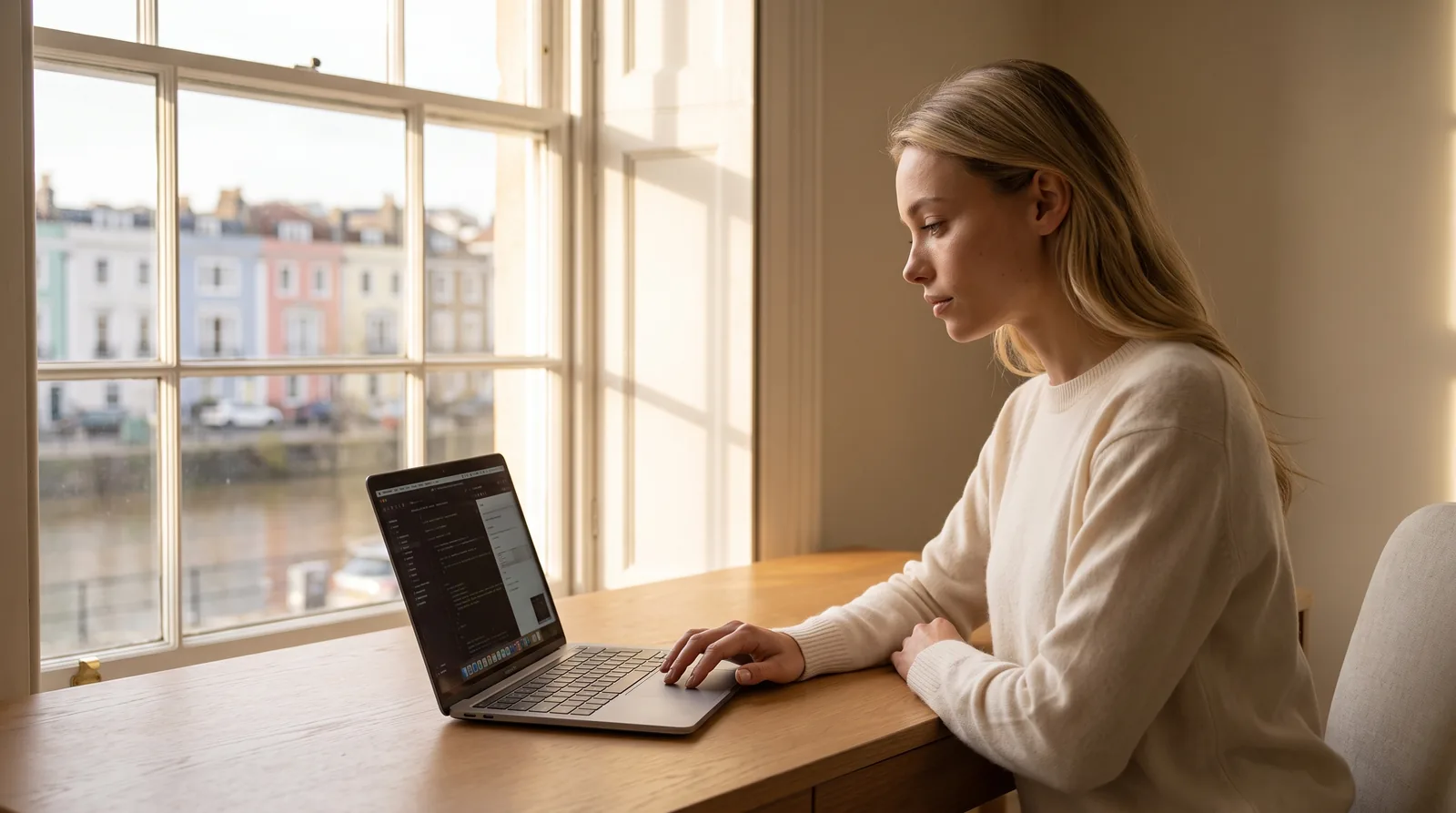 A Bristol business owner working on her Squarespace website in a warm, characterful Bristol studio