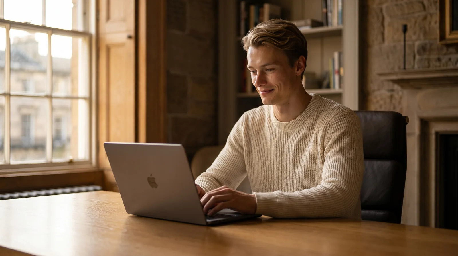 A Edinburgh business owner working on her Squarespace website in a warm, characterful Edinburgh studio
