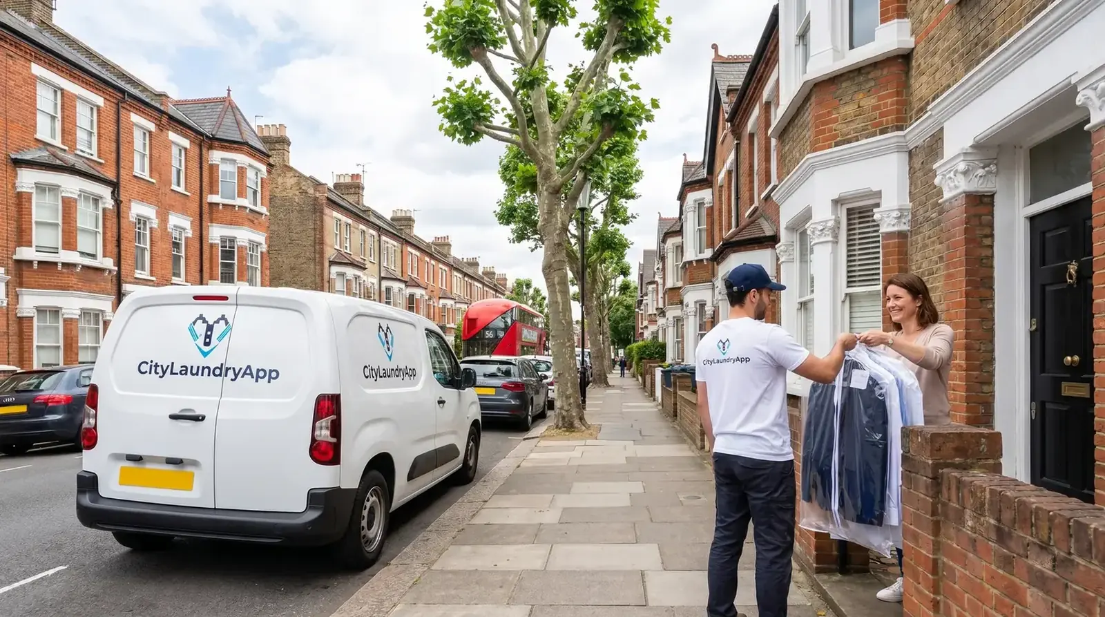 A CityLaundryApp driver delivering cleaned garments beside the branded van on a London street &mdash; the 10-year Google Ads account behind this page