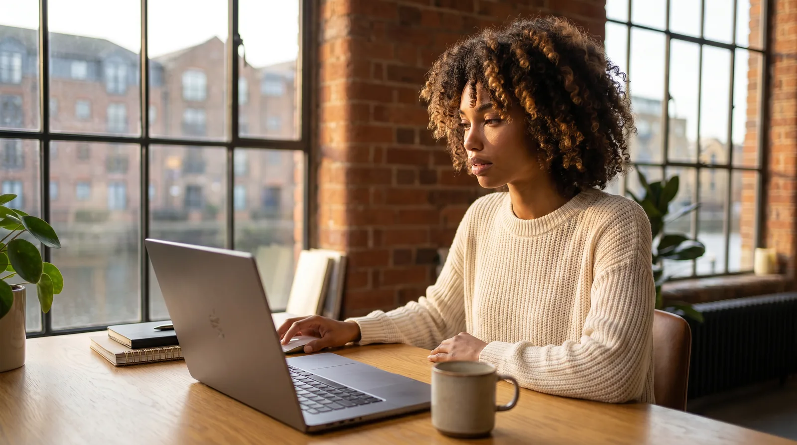 A Leeds business owner working on her Squarespace website in a warm, characterful Leeds studio