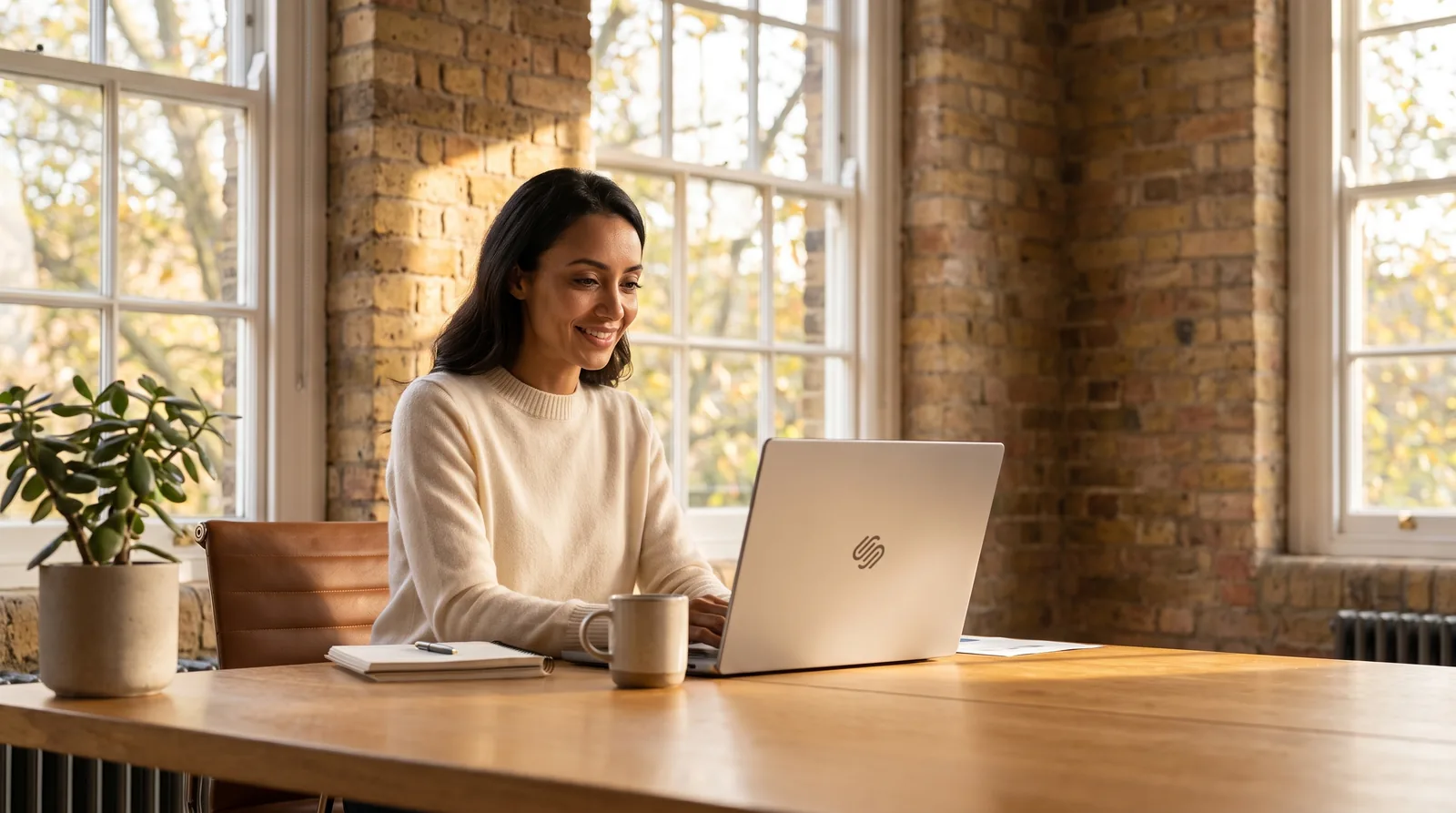 A London business owner working on her Squarespace website in a warm, characterful London studio