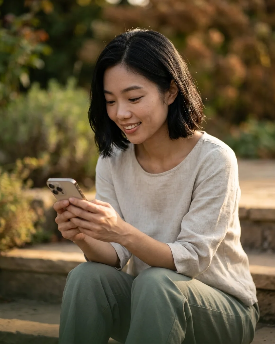 Business owner tapping out an enquiry on her phone in a garden at golden hour
