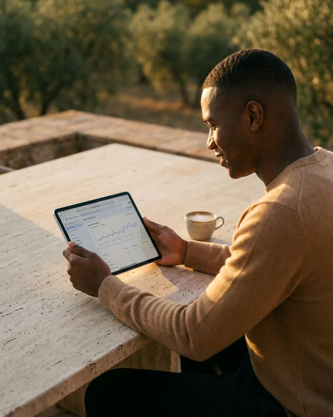 Business owner reviewing website search performance on a tablet on a warm stone terrace at golden hour