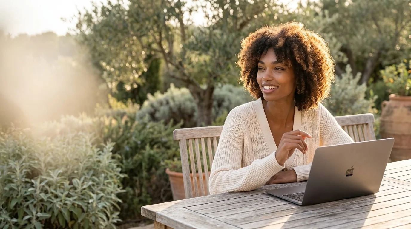 Business owner smiling at her laptop, ready to reply to new enquiries, in a garden at golden hour
