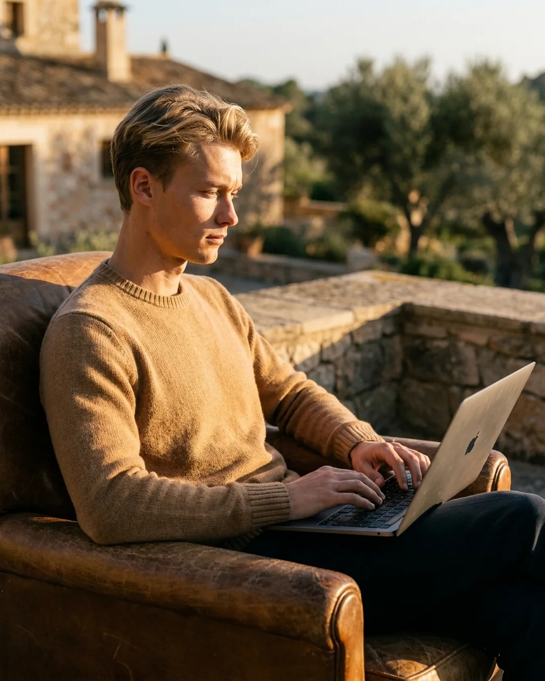 Business owner restructuring a website layout on a laptop at golden hour