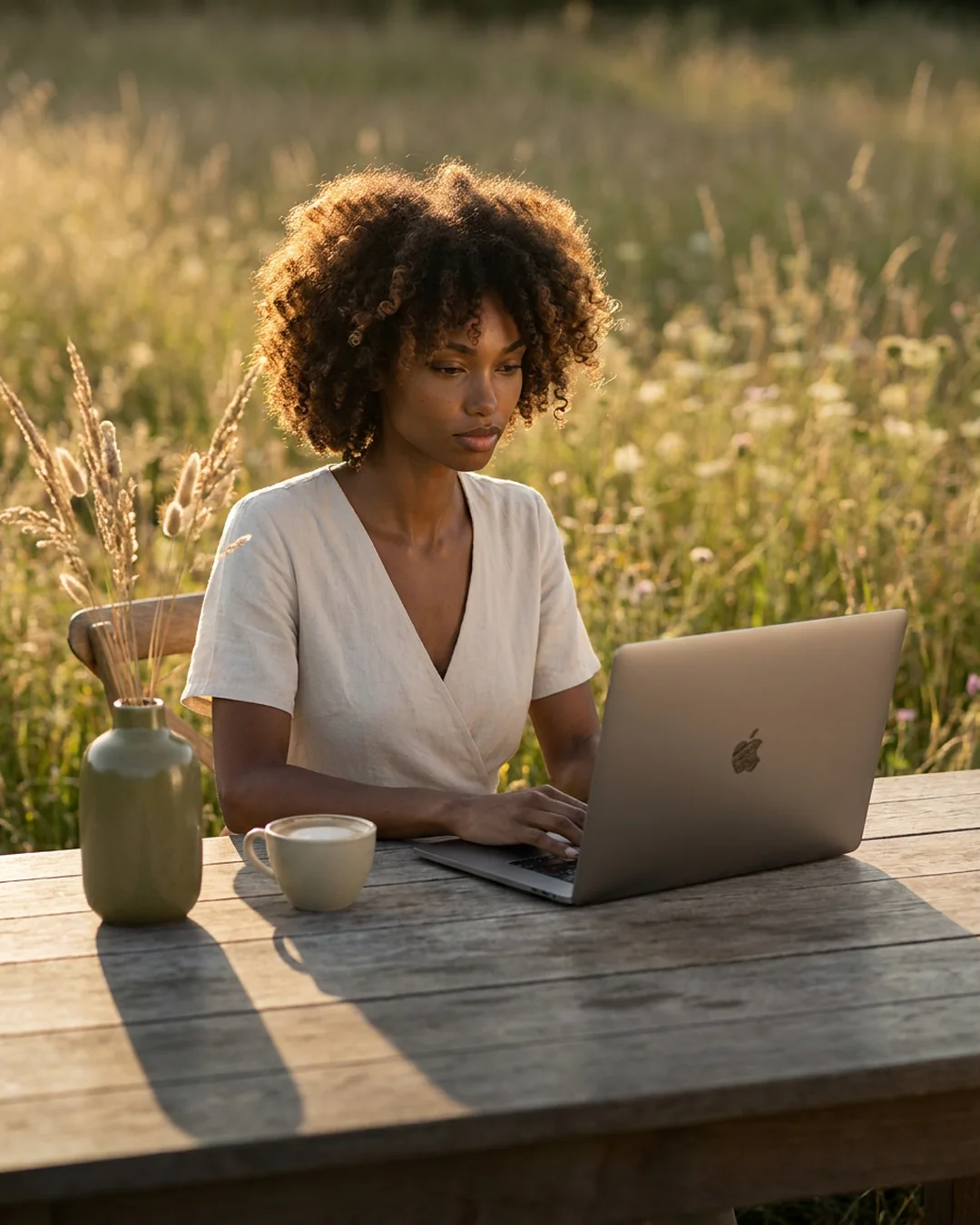 Business owner refining her Squarespace website on a laptop at golden hour