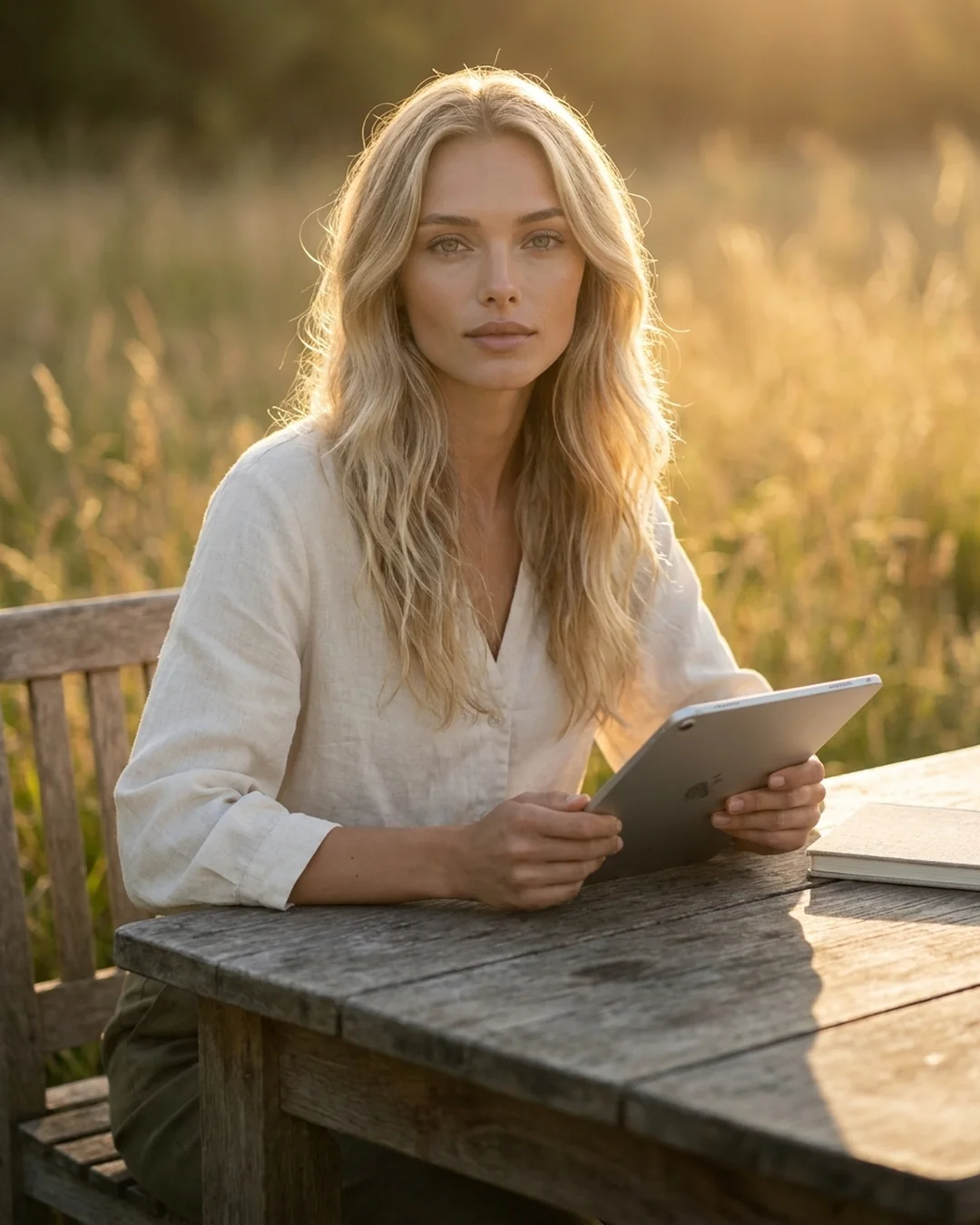 Business owner checking website pages and links on a tablet at a sunlit outdoor table at golden hour