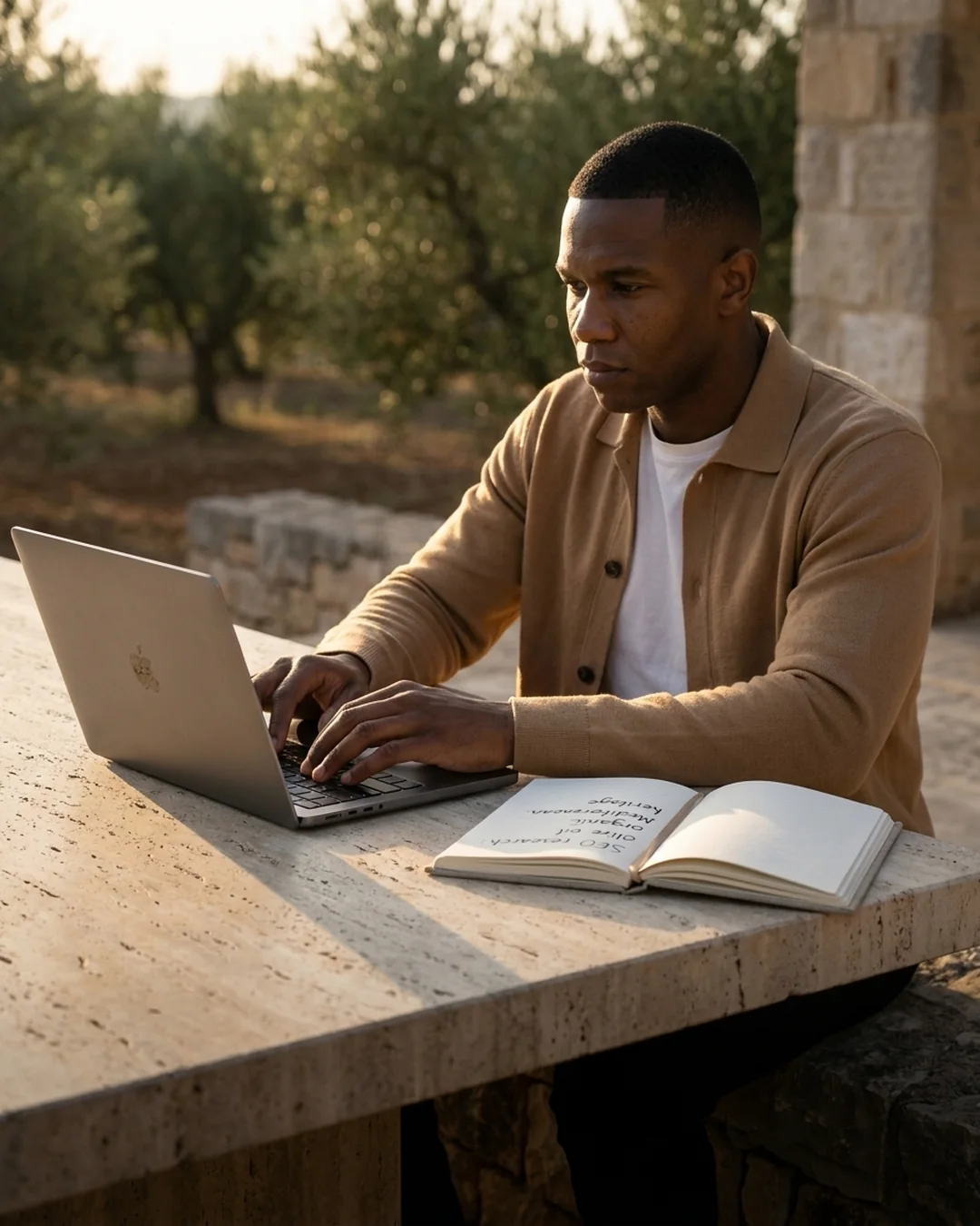Business owner doing keyword research on a laptop outdoors at golden hour