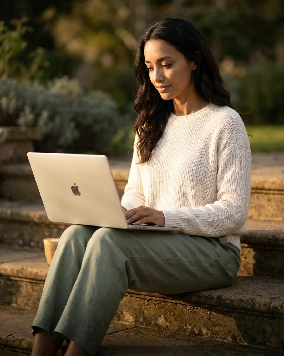 Business owner editing website content on a laptop in a garden at golden hour