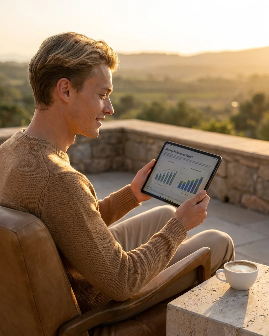 Business owner reviewing a website performance report on a tablet at golden hour