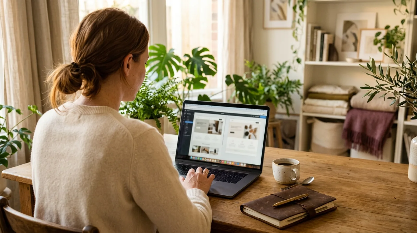 A practice owner reviewing enquiries and client accounts on a laptop at a warm oak desk