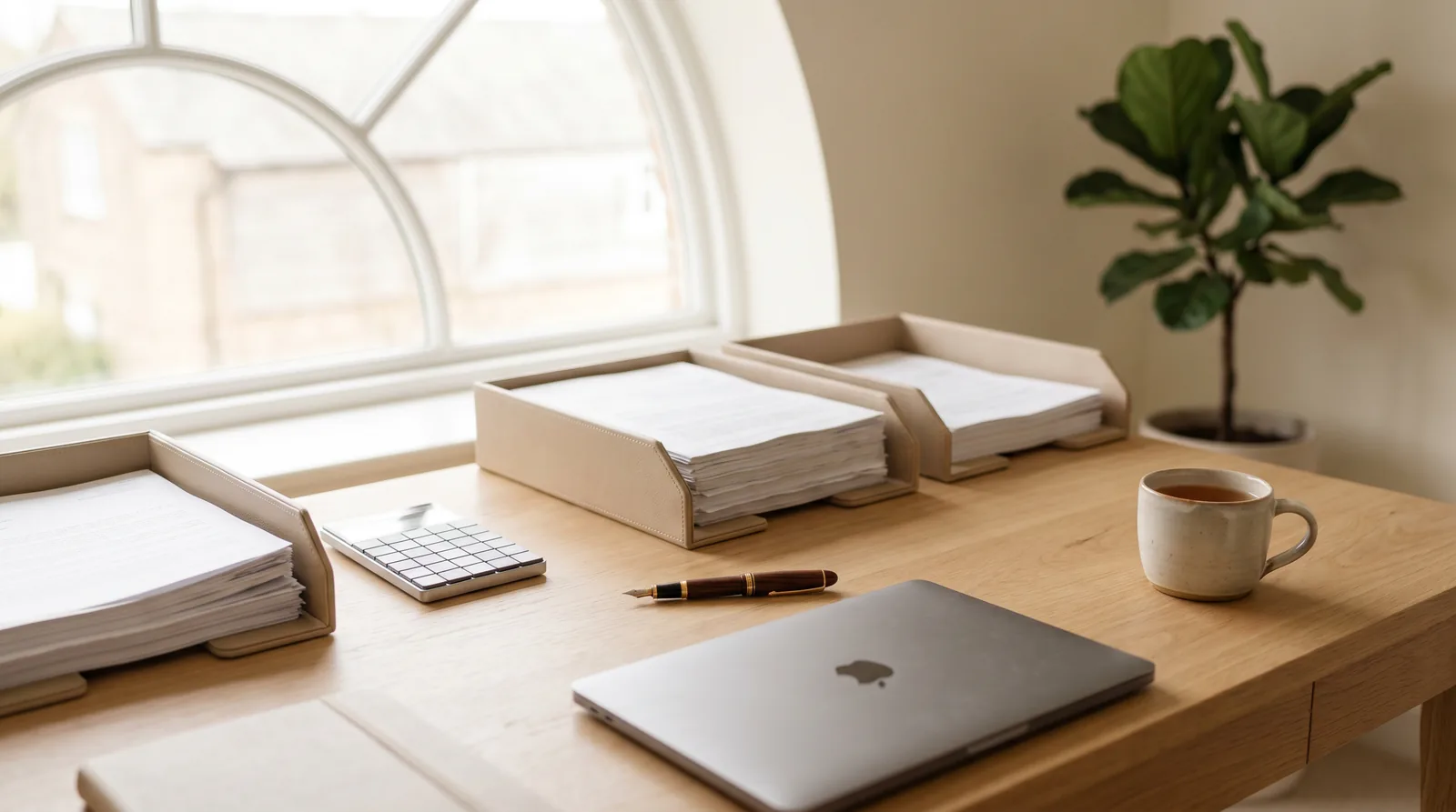 A tidy accountant's desk with neat document trays, a calculator and a laptop in a bright practice office