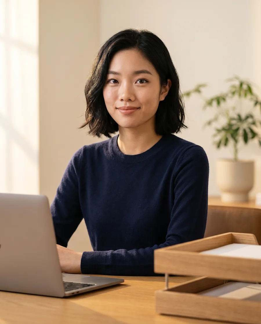 A chartered accountant and practice owner at a warm oak desk in a bright minimal office