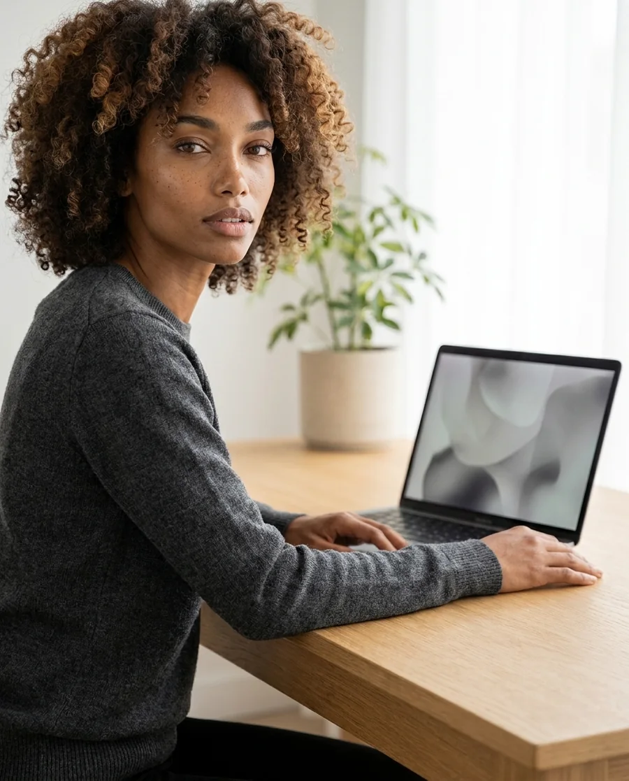 An AI automation consultant at a minimalist desk with a laptop