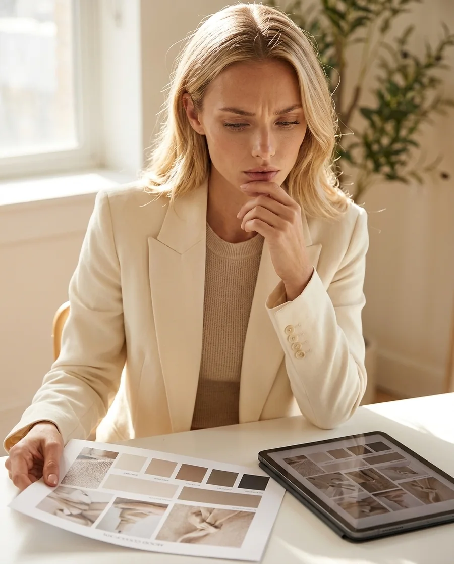 A content and marketing specialist at a bright studio desk with a mood board