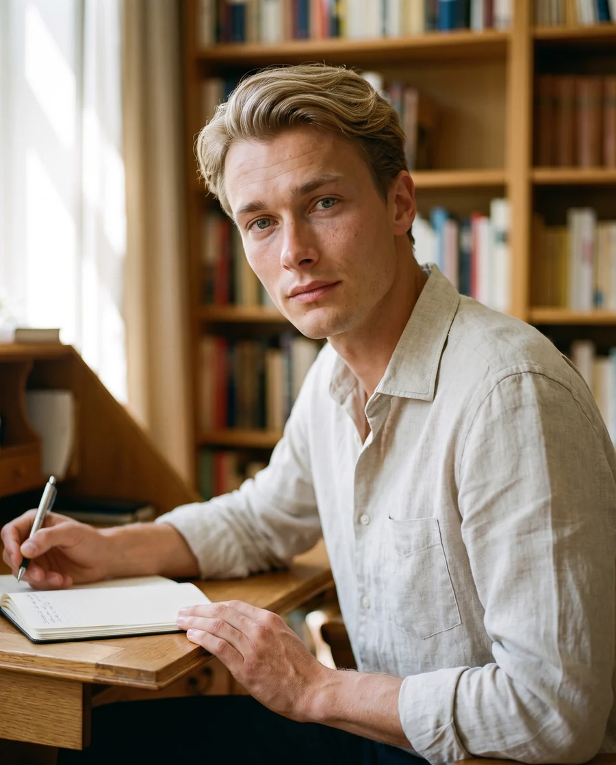 An author at their writing desk in a bright, minimal room