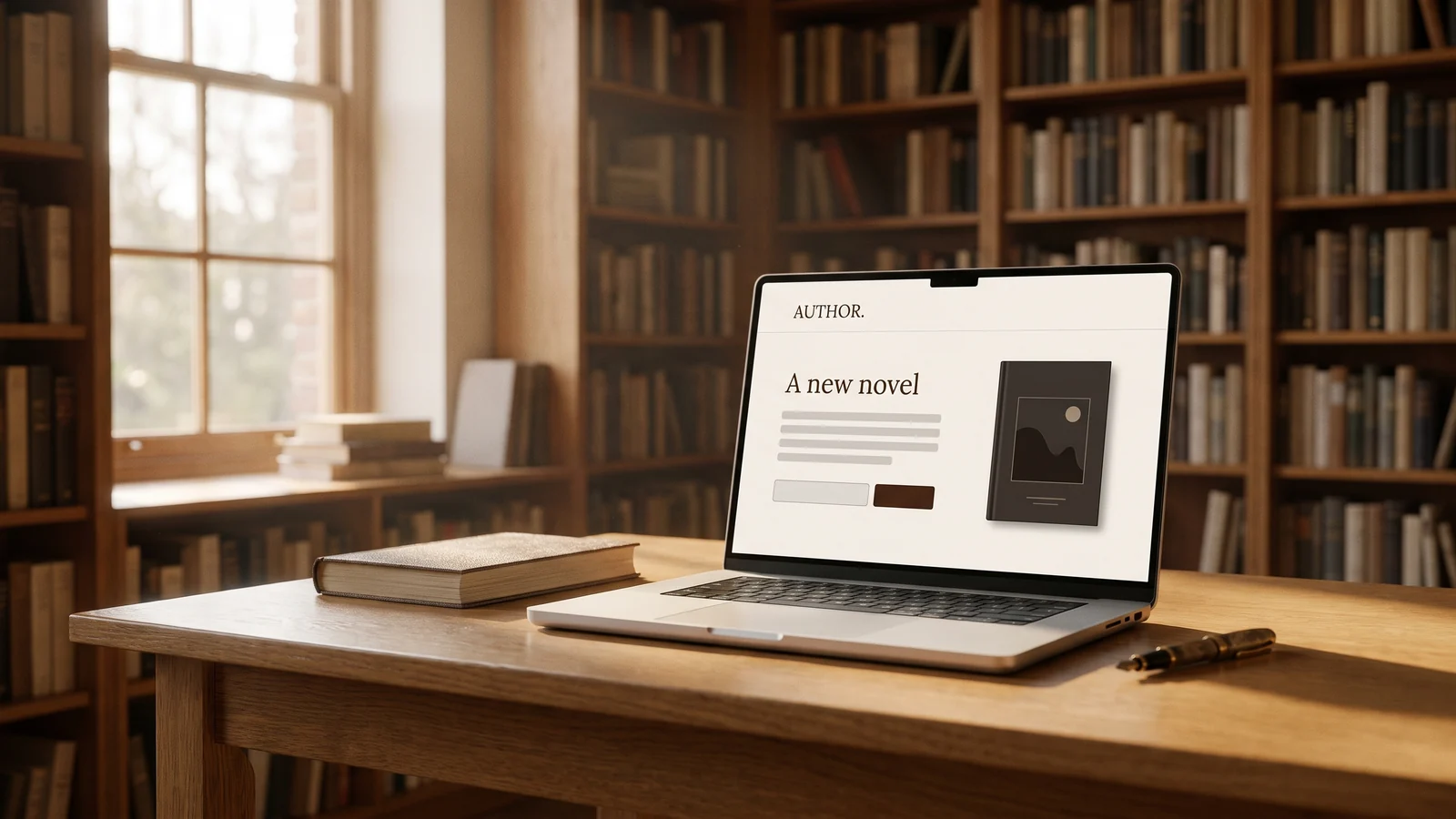 A minimal author website design concept with a book cover and newsletter sign-up, shown on a laptop on a warm writing desk