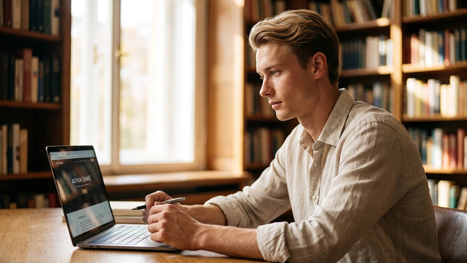An author reviewing their book page and reader sign-ups on a laptop in a calm, bright room