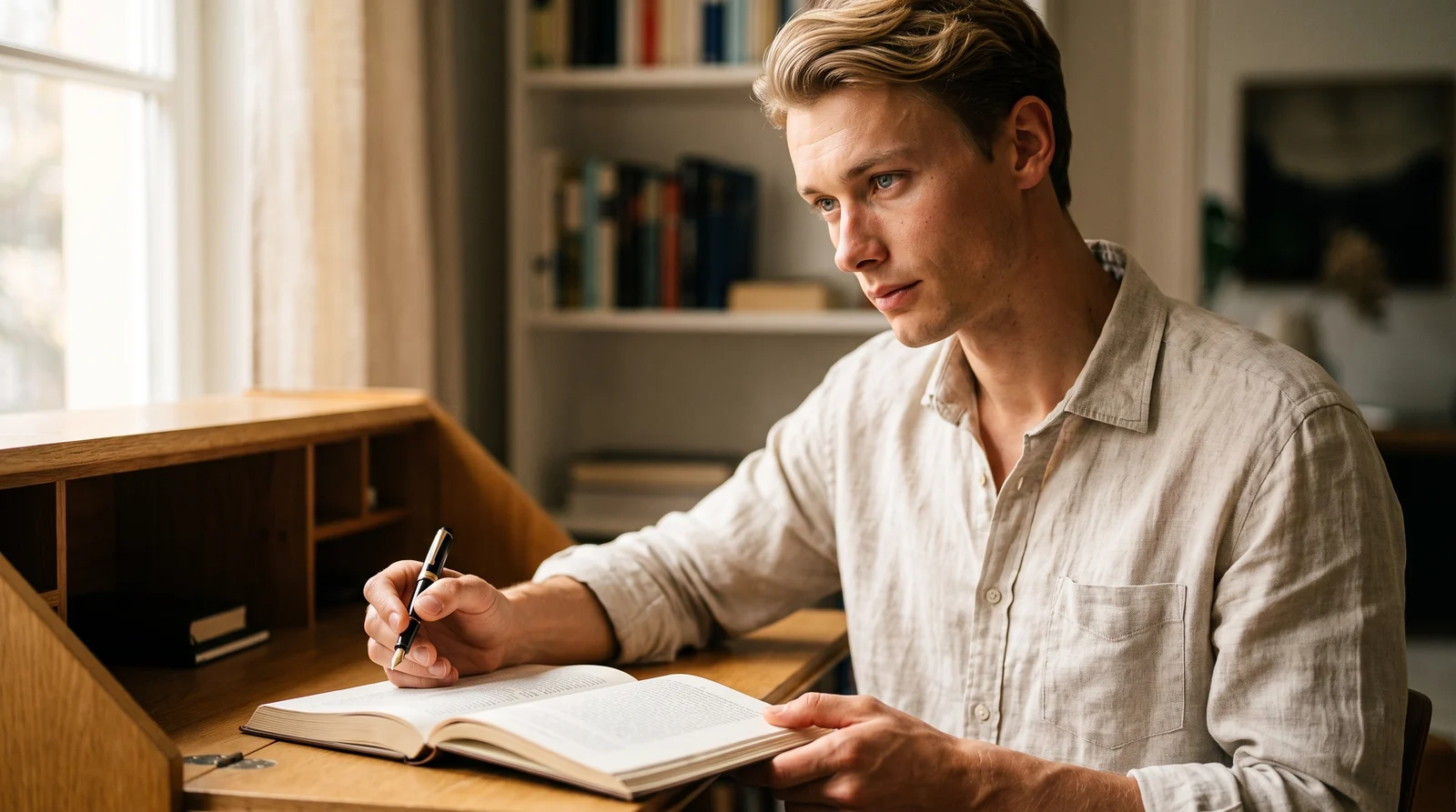 An author reading at a warm oak writing desk in a calm, sunlit study lined with books