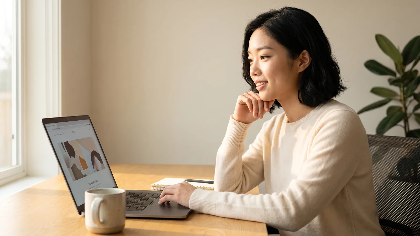 A business consultant reviewing her website on a laptop at a sunlit desk