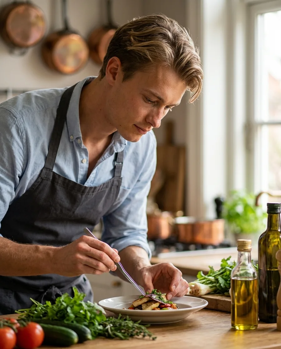 A personal chef plating a dish at a warm home kitchen counter