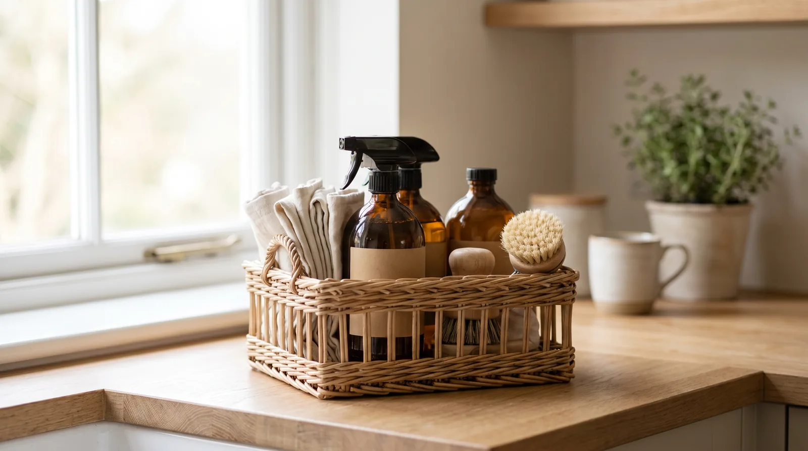 A wicker caddy of eco cleaning supplies and folded cloths on an oak counter in a bright kitchen