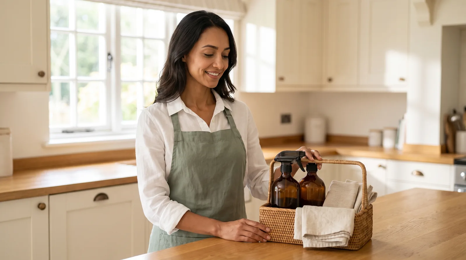 The owner of a premium cleaning company in a freshly finished bright home kitchen