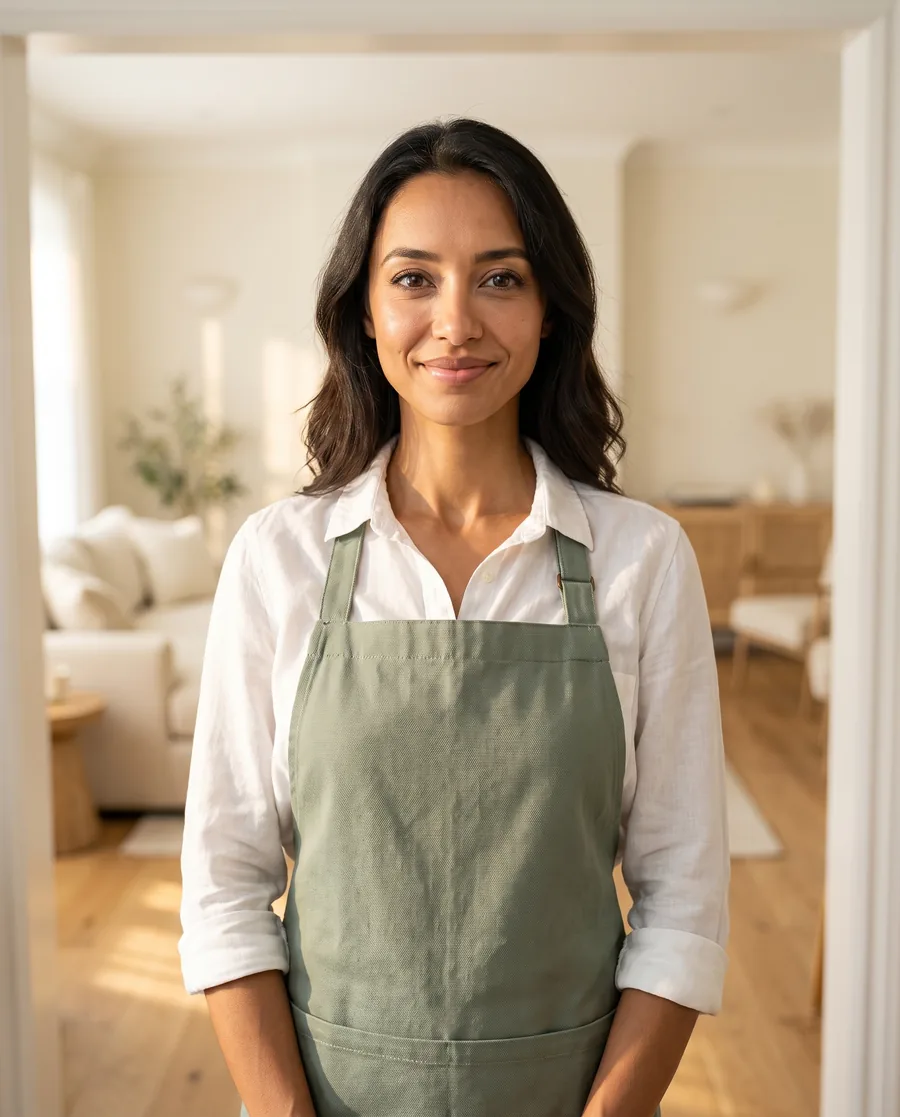 The proud owner of a premium cleaning company in the doorway of a bright finished home