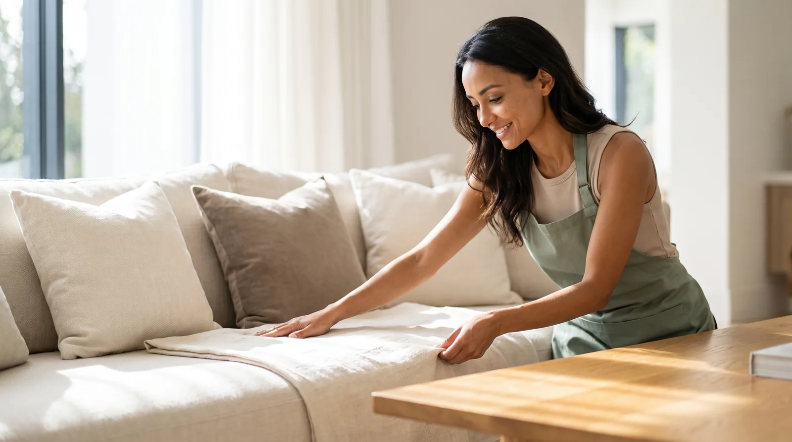 A professional cleaner finishing a bright premium living room to a high standard