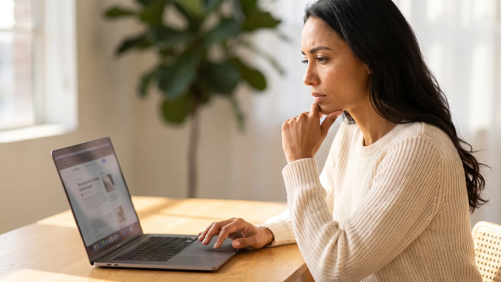 A consultant reviewing her website on a laptop at a sunlit desk, considering it critically