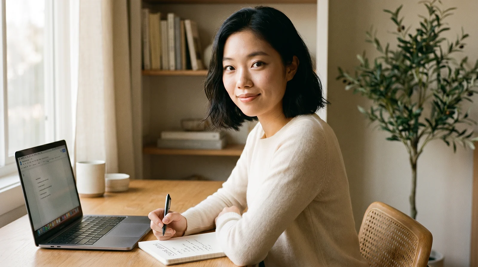 A course creator planning her online course at a laptop in a bright, calm home studio