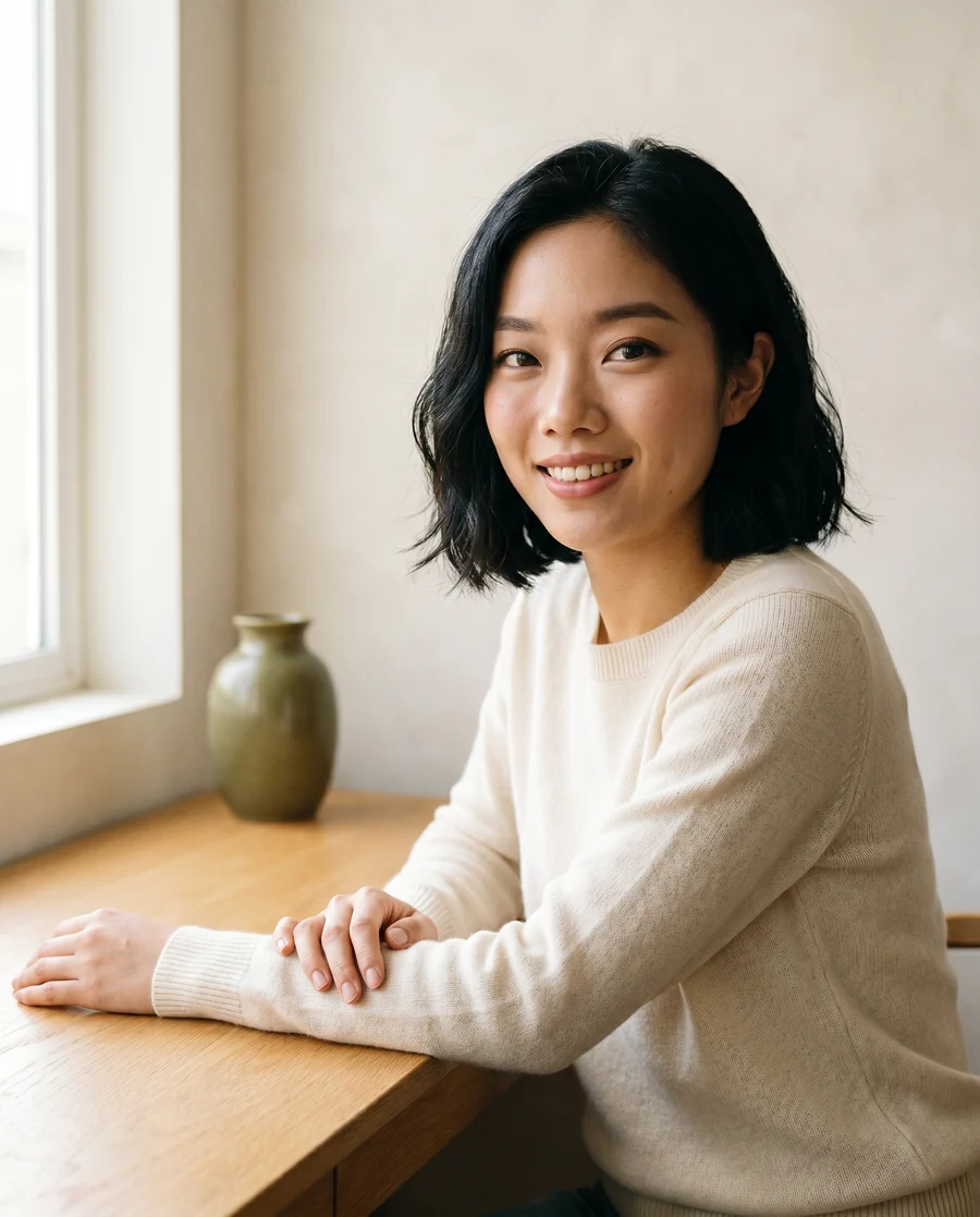 A course creator working at their desk in a bright, minimal home studio